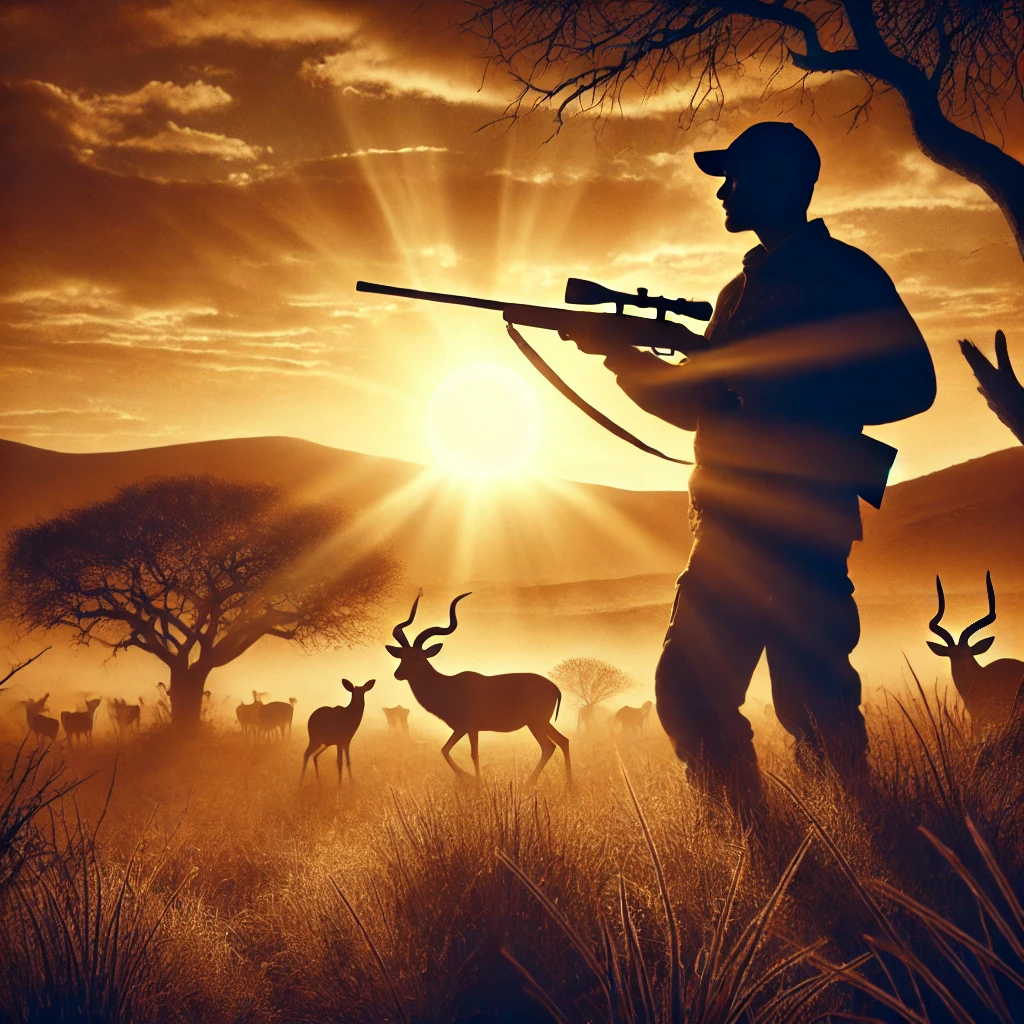 Hunter silhouetted against a sunset with antelope in the veld