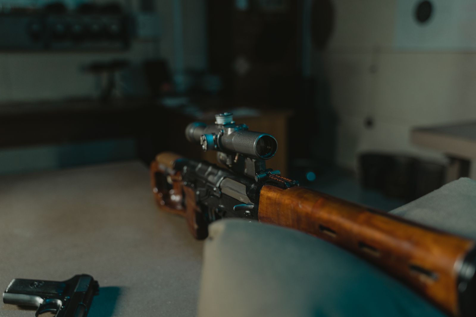 Rifle scope mounted on a hunting rifle